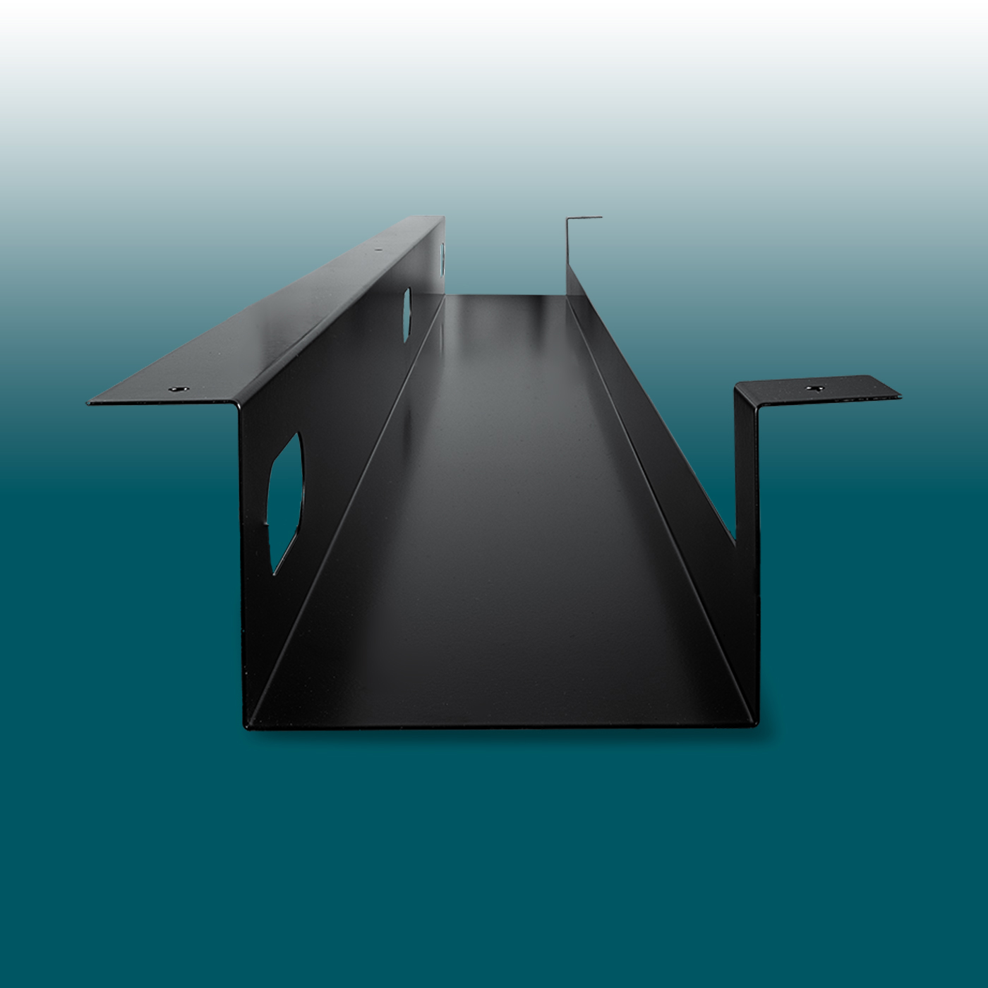 Black cable tray made of powder-coated sheet steel, viewed from the front in perspective. U-shaped with flat mounting flanges at the top. Side panel with three elongated, rounded openings; flanges with fixing holes; matt finish.