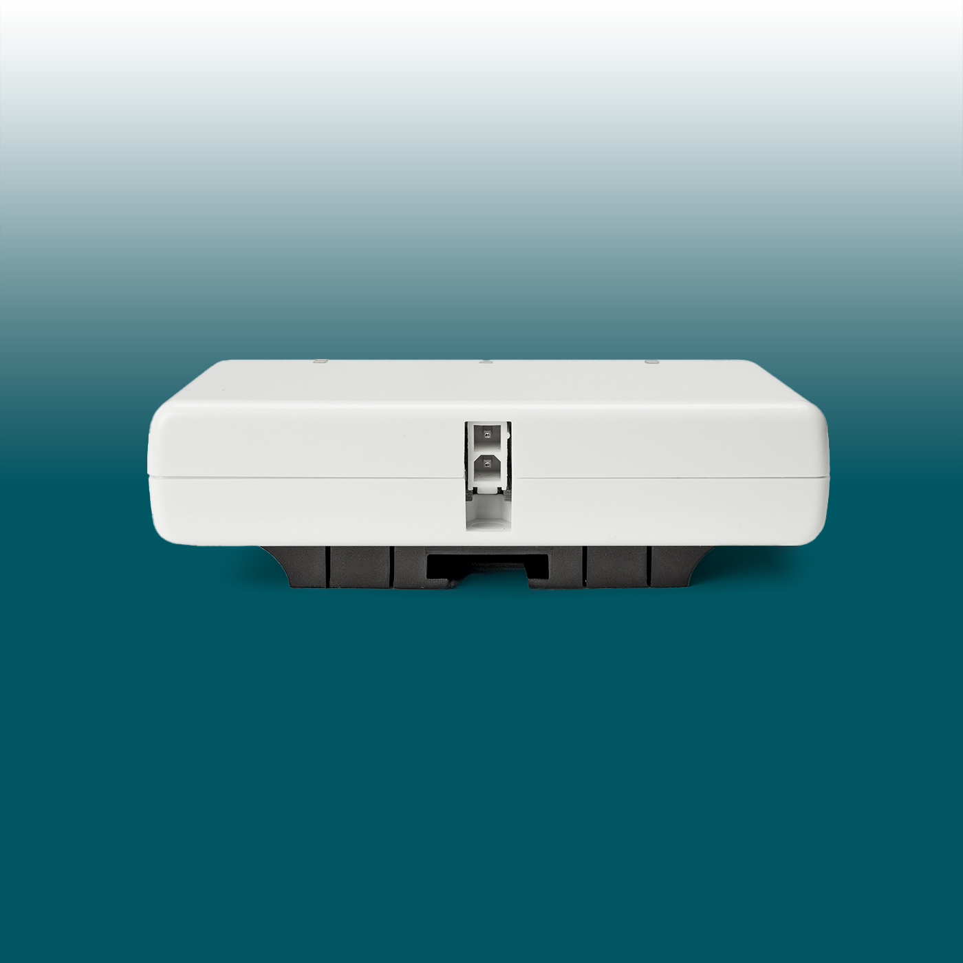 A white, slim USB charger with rounded edges, photographed from the front. A central recess featuring three ports: two USB-C ports and one USB-A port. Black mounting clips are visible at the bottom, for discreet installation.