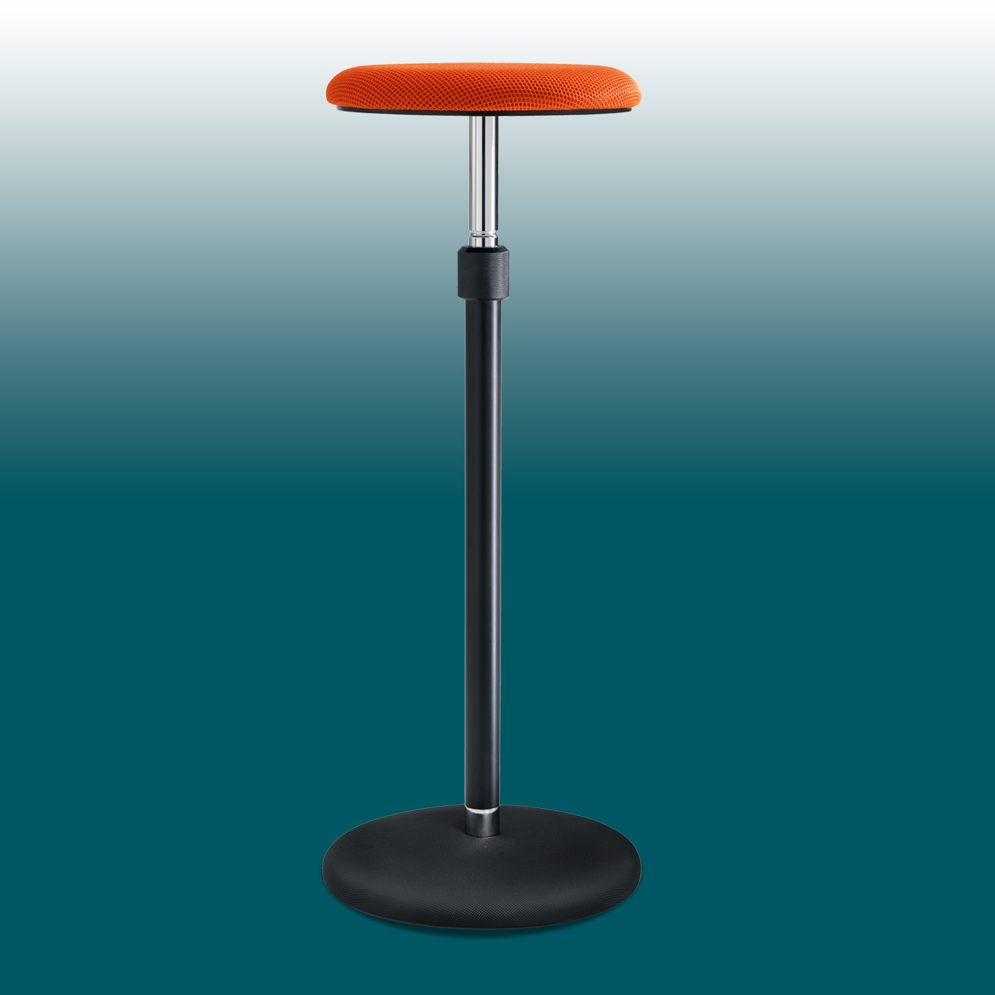 Freestanding stool with a round, bright orange fabric seat. Beneath this is an adjustable telescopic rod with a chrome finish, transitioning into a sturdy black column on a flat, round base. Height-adjustable.