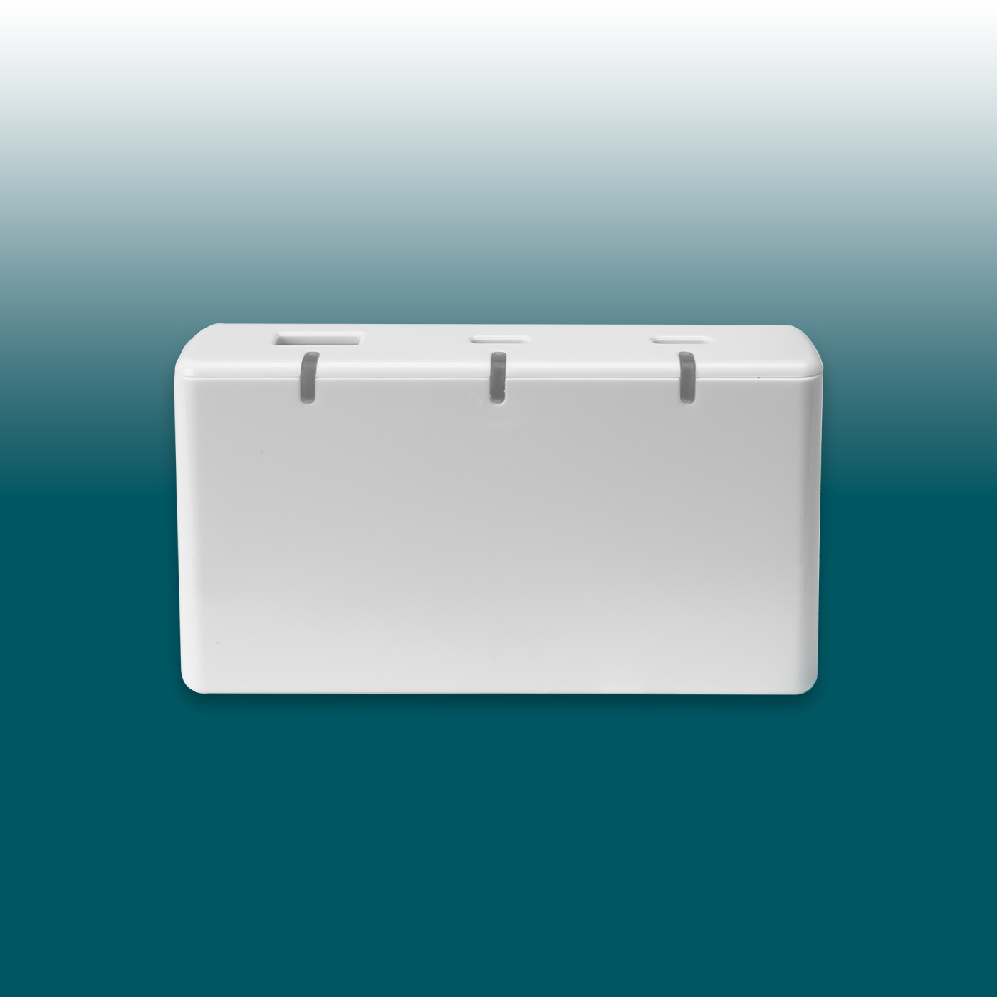 White USB charger with rounded edges. Three T-shaped openings at the top provide access to the USB Type-C and Type-A charging ports. The slim Desk2Device design allows for discreet, efficient charging at your desk.