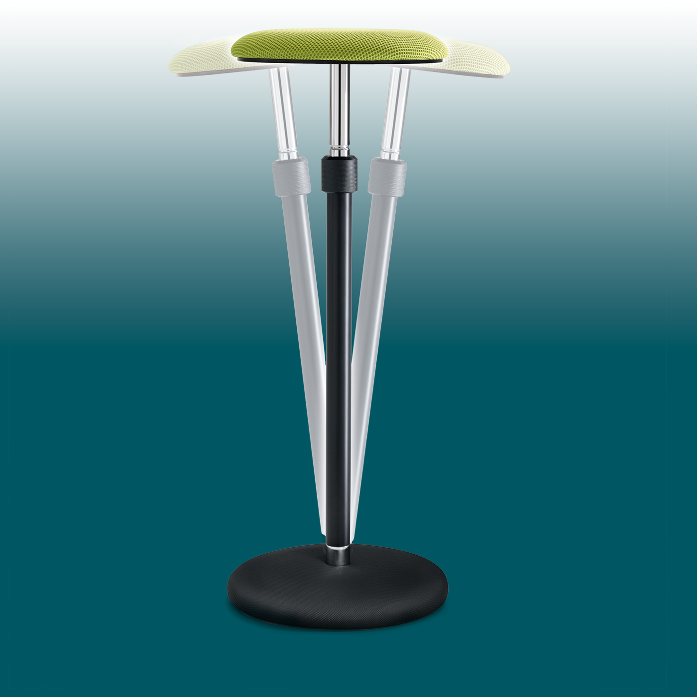 Girsberger Sway standing chair with a round, green seat on a silver column, surrounded by three swinging support rods indicating the tilt function. Black base. The rods demonstrate height adjustability and weight shifting.